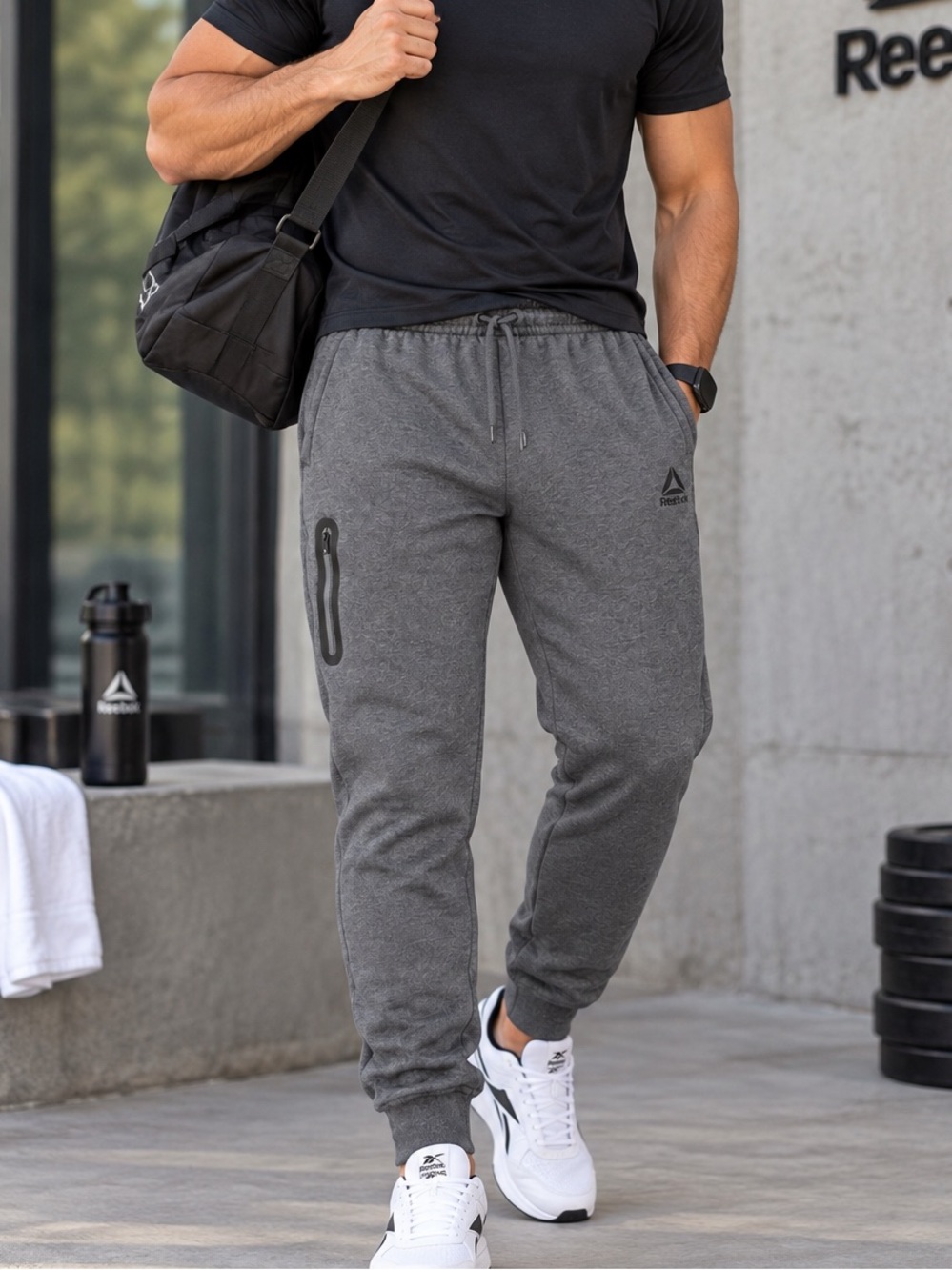 Reebok Men’s XL Gray Fleece Jogger Sweatpants Zip Pockets